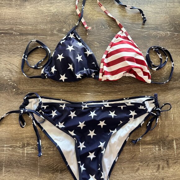 American Flag Stars Stripes Halter Tie Sides Bikini Set XL - Picture 3 of 4